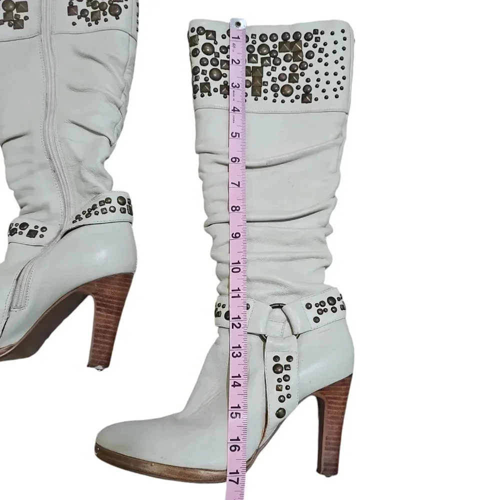 Colin Stuart Womens 6.5 Studded White Faux Leather Tall Heel Boots Archival Y2K - Picture 4 of 7